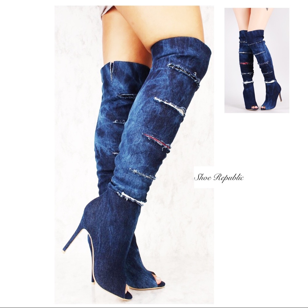 Women’s Sexy Open Toe Sandal Knee High denim boots